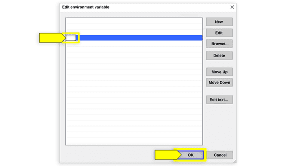 On the "Edit environment variable" screen, an empty box is highlighted, and OK is highlighted  at the bottom of the screen.