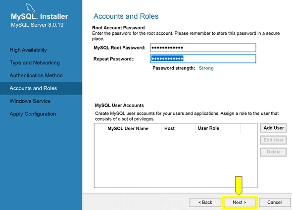 Under Accounts and Roles, a password has been entered twice and designated as Strong.