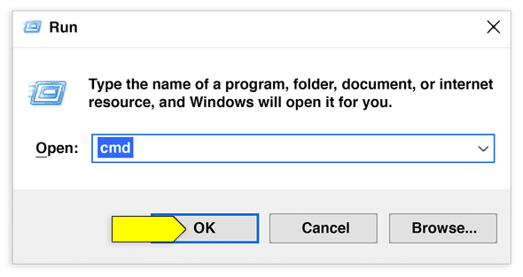 In a dialog window labeled "Run", "cmd" has been entered in the text box next to the word "Open".