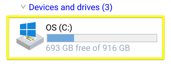 Under "Devices and drives", the `C:` drive is highlighted.