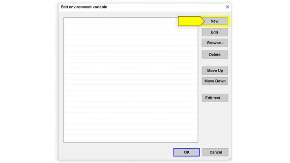 "New..." button is selected on the "Edit environment variable" screen.