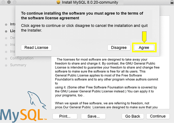 Dialog box over Software Installation Agreement screen gives options to Read License, Disagree, or Agree. Agree is highlighted.