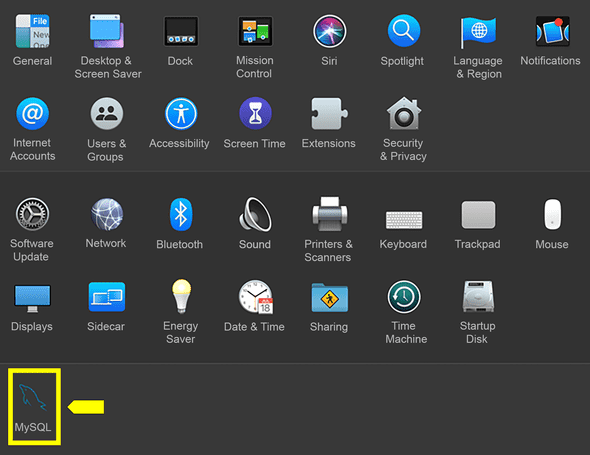 The MySQL icon appears at the bottom of the System Preferences window.