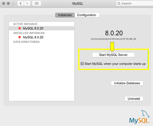 In a MySQL GUI, "Start MySQL when your computer starts up" is highlighted in green.