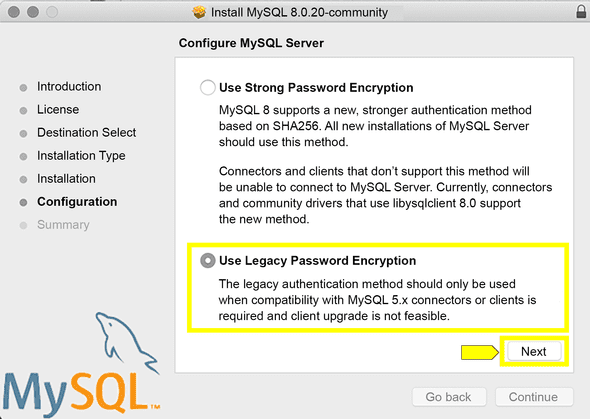 Installation window lists "Use Strong Password Encryption" or "Use Legacy Password Encryption," with latter selected.