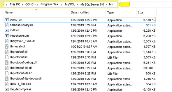 The file path to the `bin` folder is highlighted at the top of the screen.