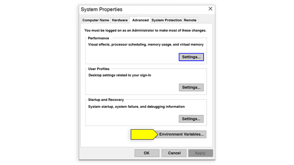 In the Advanced tab on the System Properties screen, Environment Variables is highlighted in green at the bottom.