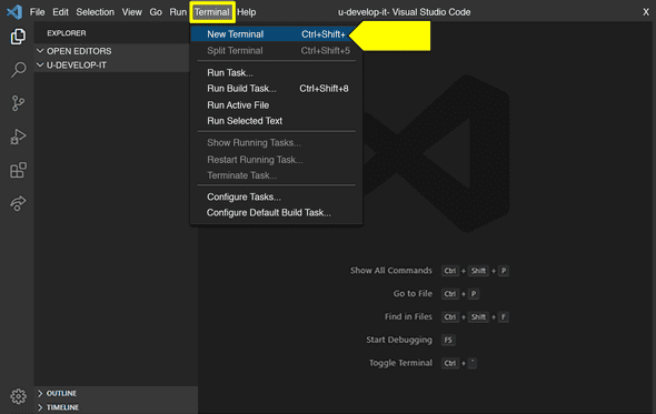 New Terminal is highlighted at the top of the Terminal drop-down menu in VS Code.