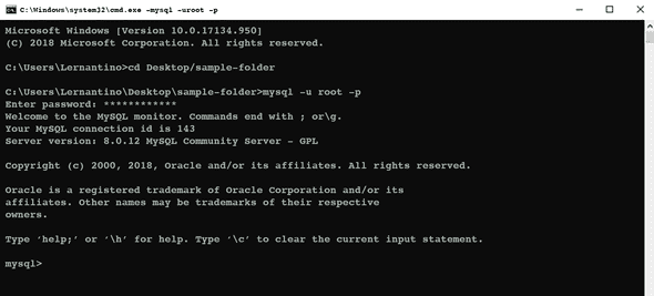 In the command line, the user is greeted with a welcome message to the MySQL shell.